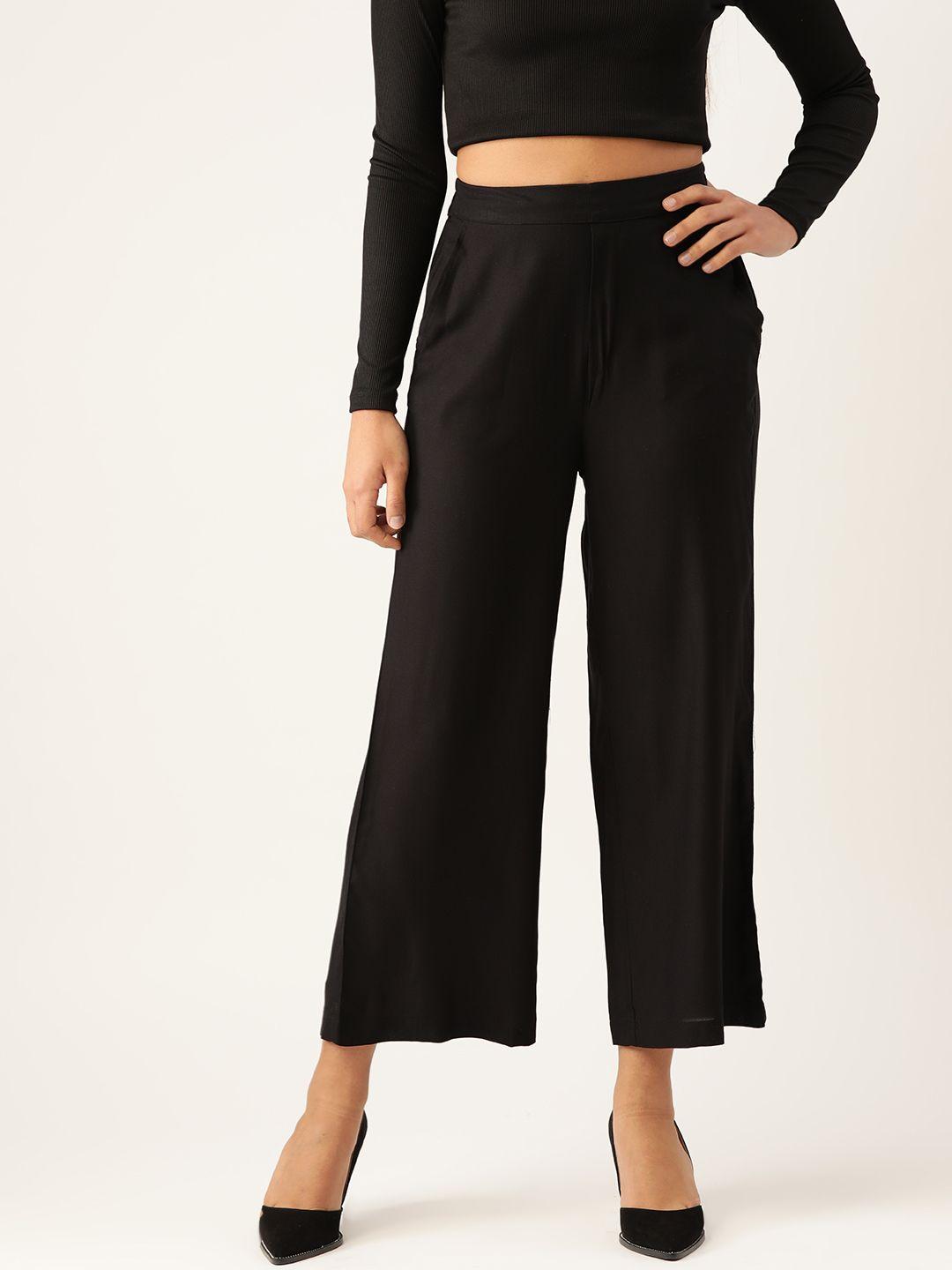 all about you women black solid woven parallel trousers