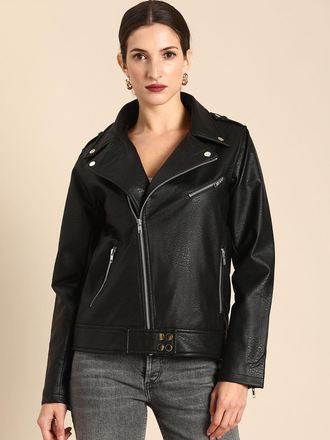 all about you women black textured biker jacket