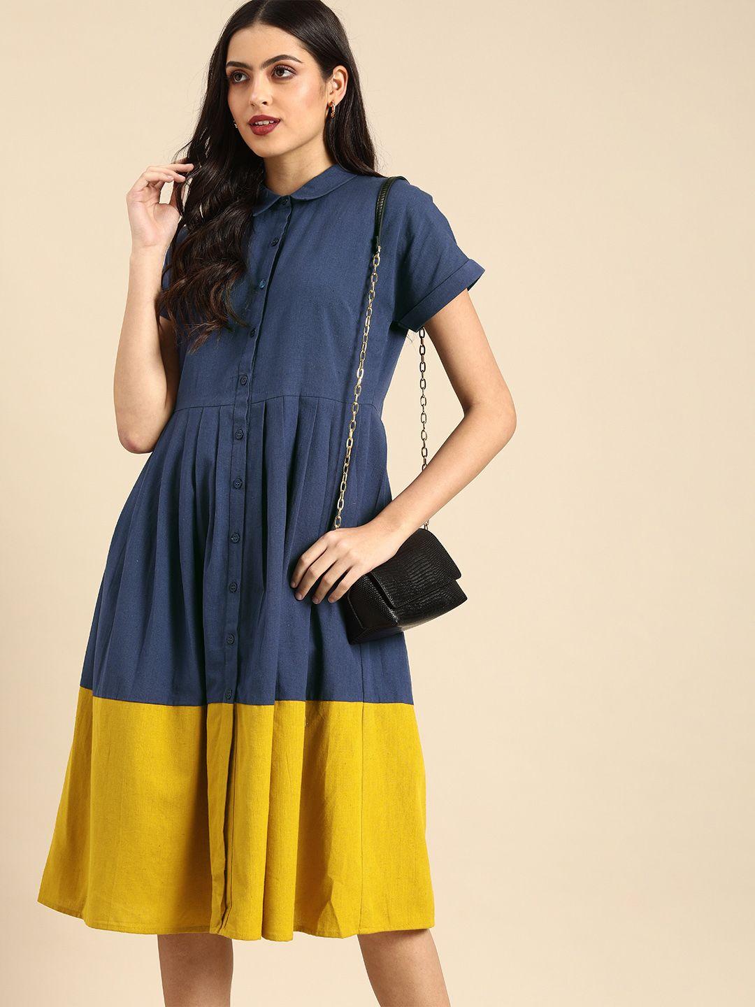 all about you women blue & mustard yellow colourblocked casual dress