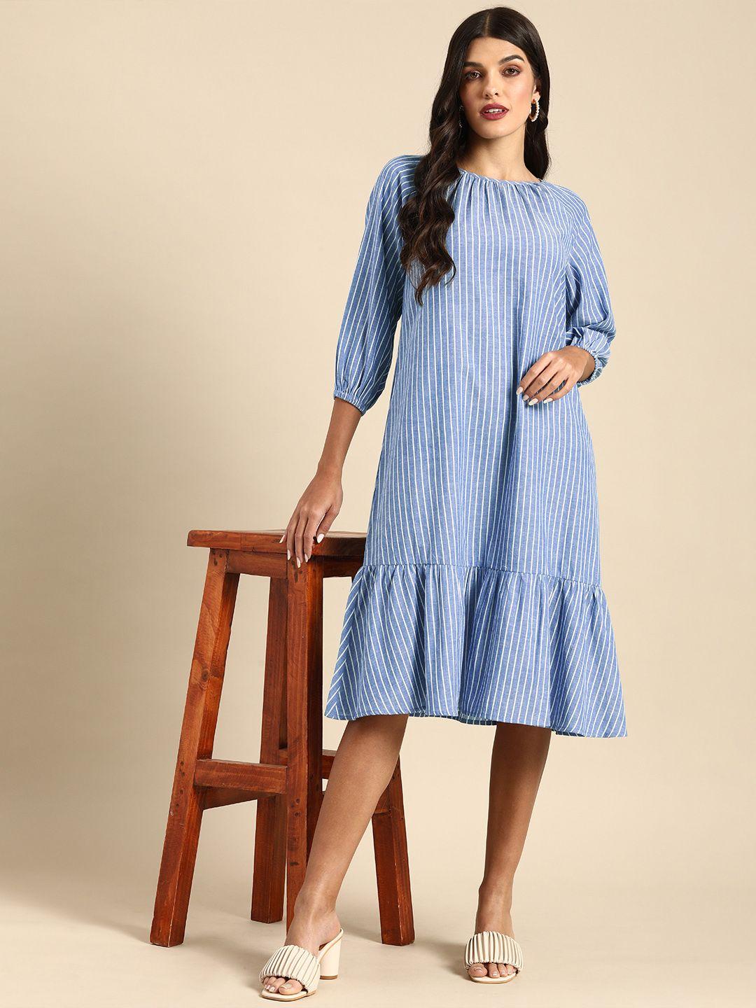 all about you women blue & white striped casual a-line midi dress