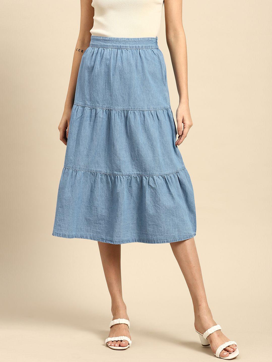 all about you women blue chambray tiered a-line midi skirt