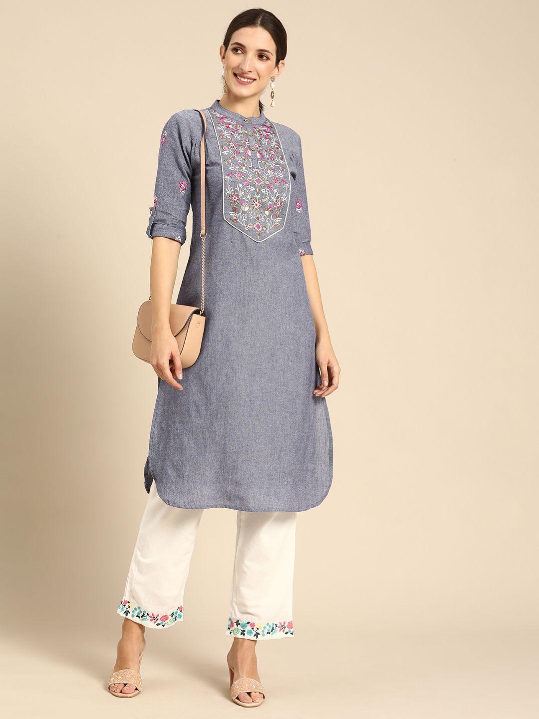 all about you women blue floral embroidered floral kurta