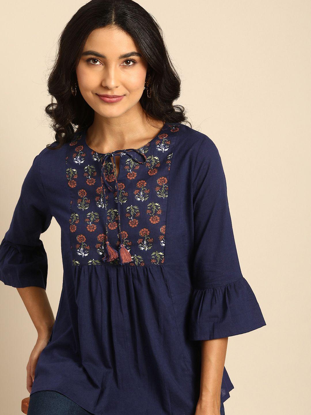 all about you women blue floral printed flared sleeves pure cotton empire kurti