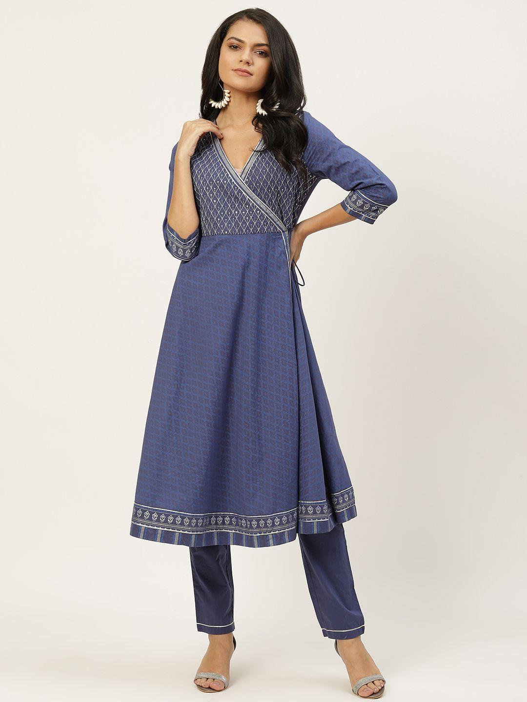 all about you women blue pure cotton printed angrakha kurta with trousers