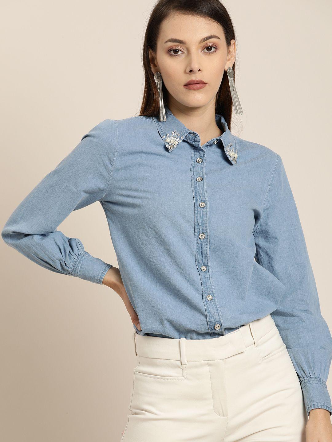 all about you women blue slim fit solid casual shirt