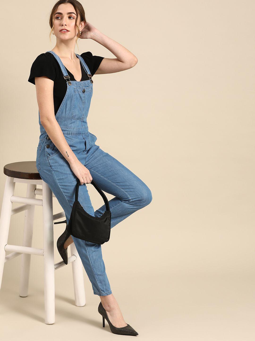 all about you women blue solid denim dungarees