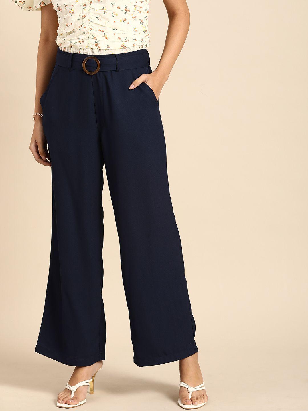 all about you women blue solid parallel trousers