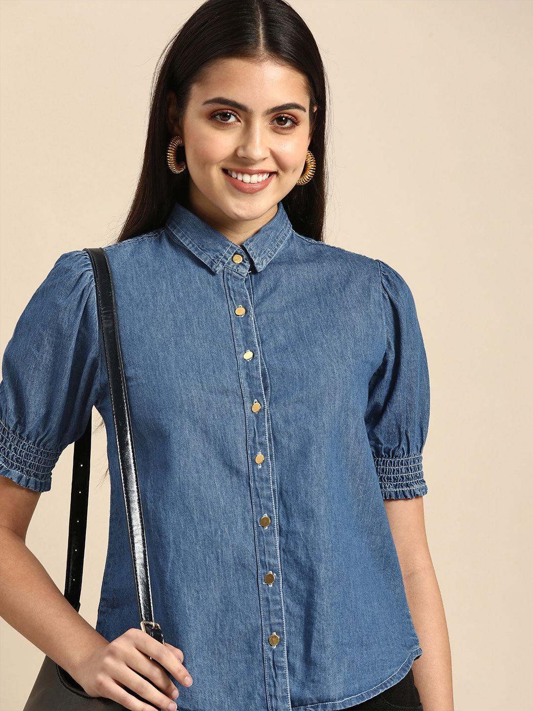 all about you women blue solid pure cotton denim casual shirt