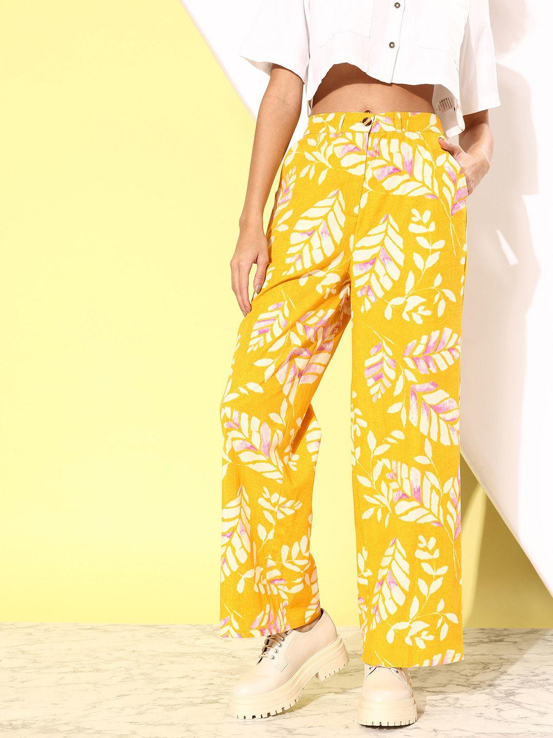 all about you women bright yellow romance ramble wide legs floral print cotton trousers