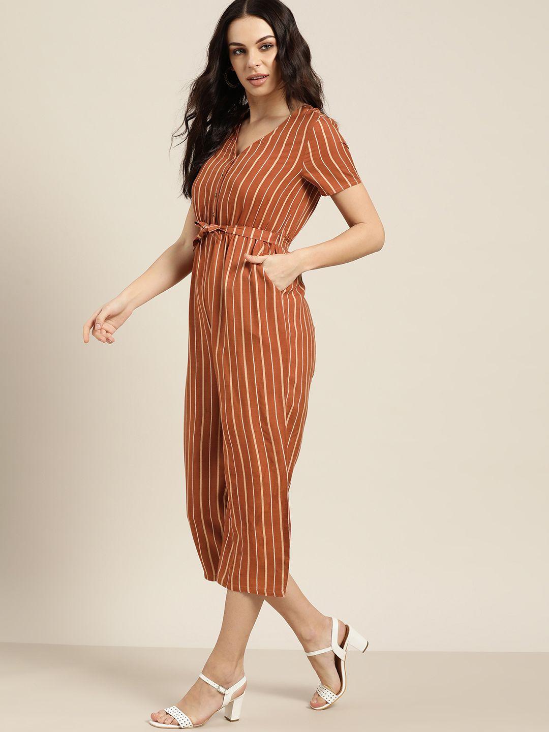 all about you women brown & beige striped cropped jumpsuit with belt