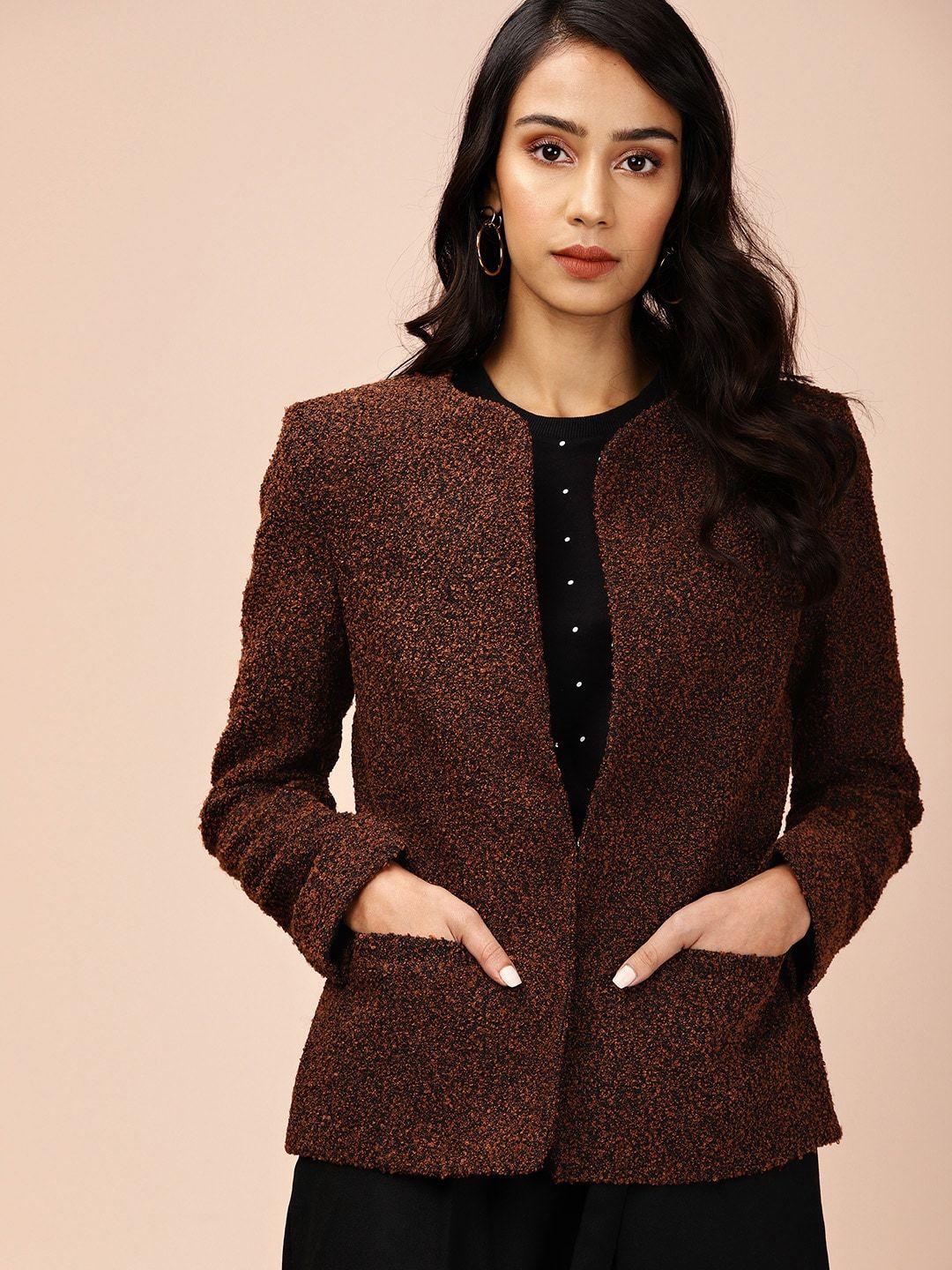 all about you women brown boucle open front jacket