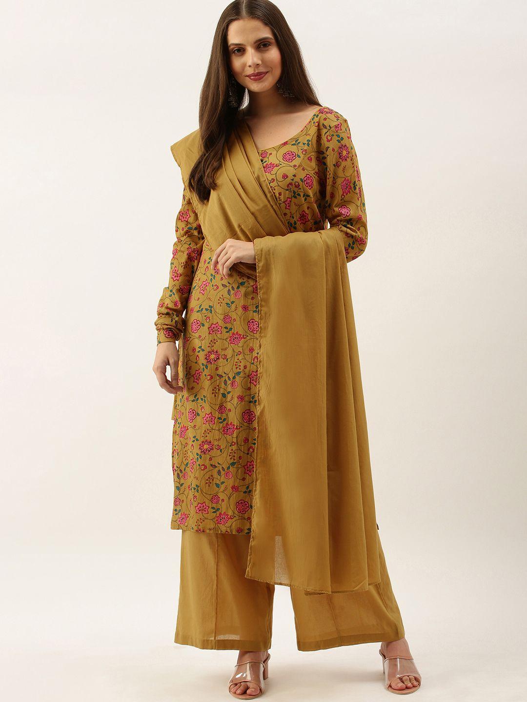 all about you women brown floral print straight cotton kurta with palazzos & dupatta