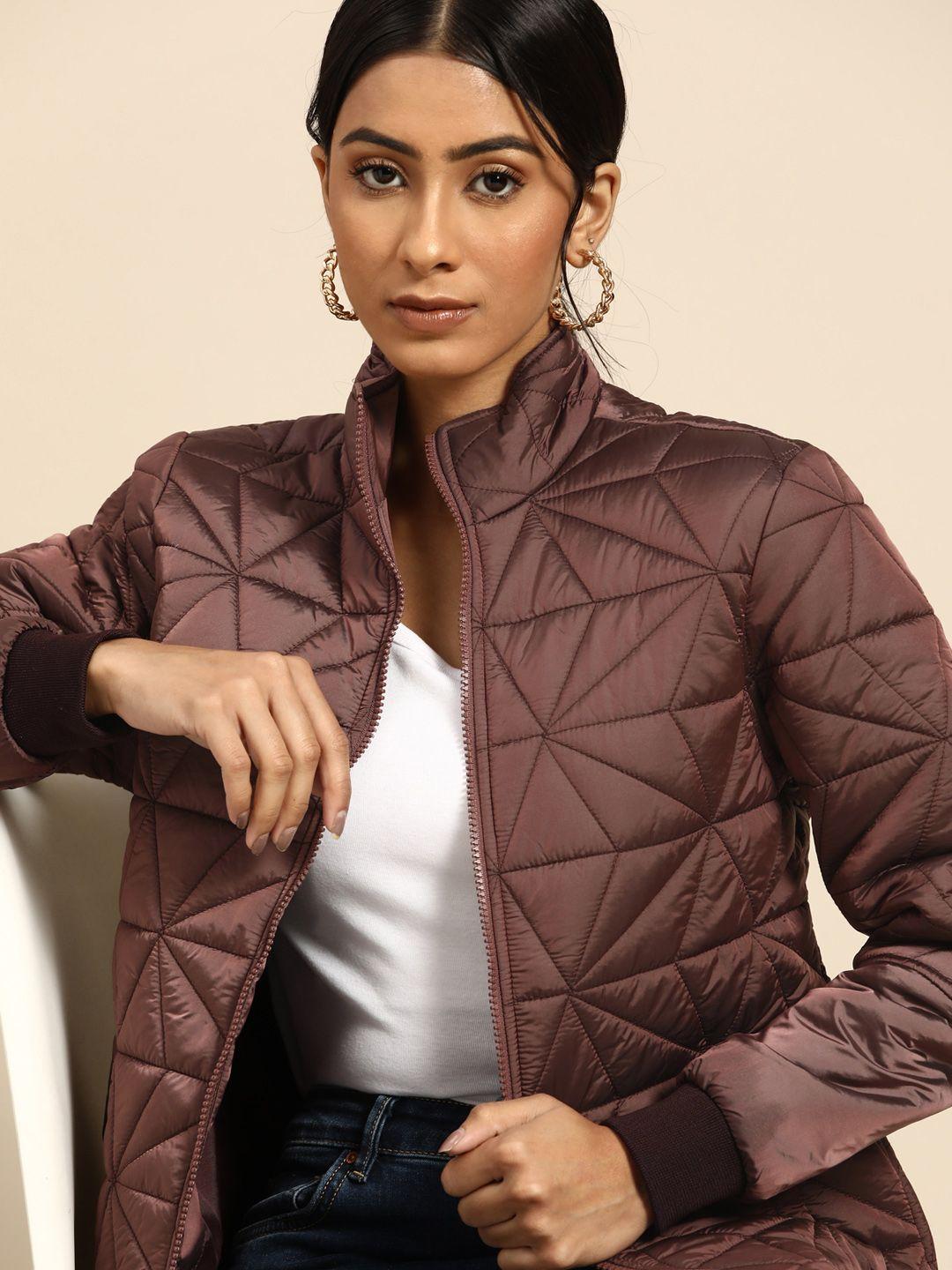 all about you women brown mock collar padded jacket