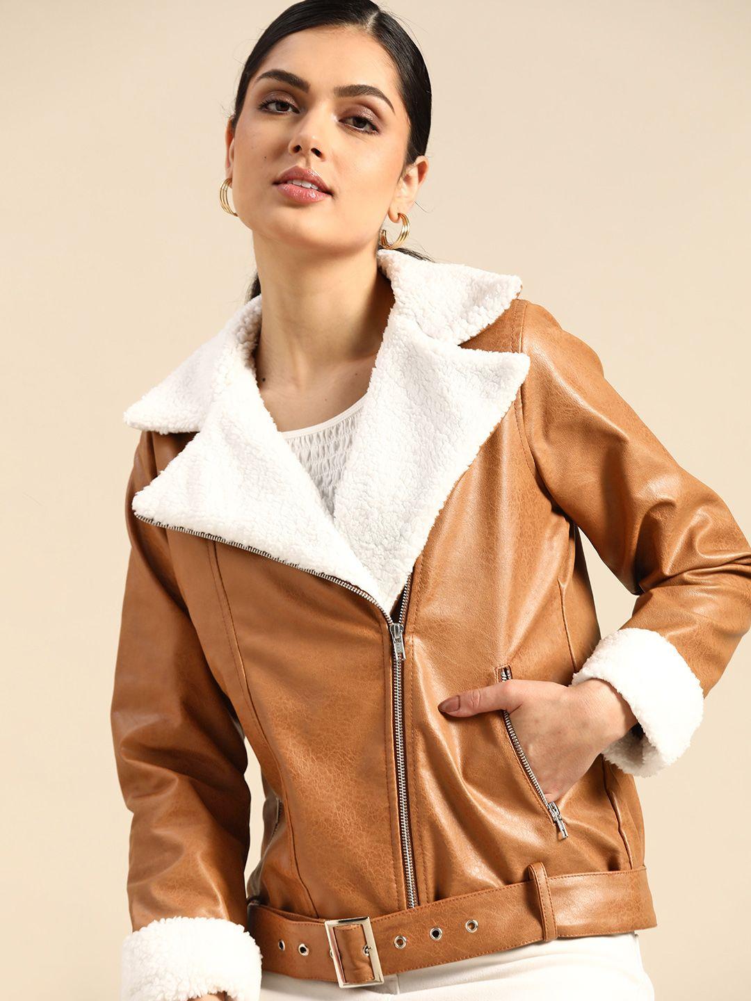 all about you women brown solid biker jacket with belt