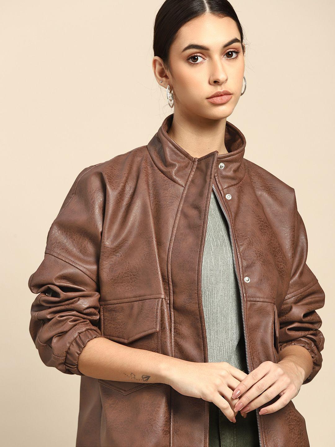 all about you women brown solid leather jacket