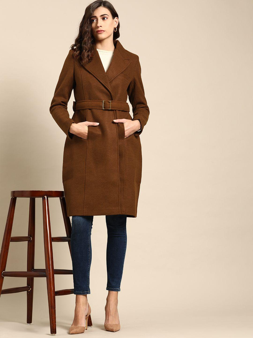 all about you women brown solid overcoat with belt
