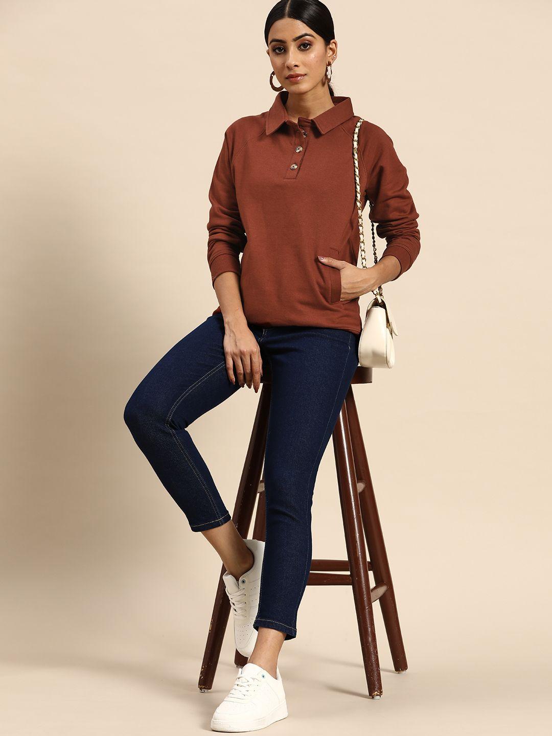 all about you women brown solid raglan sleeves polo sweatshirt