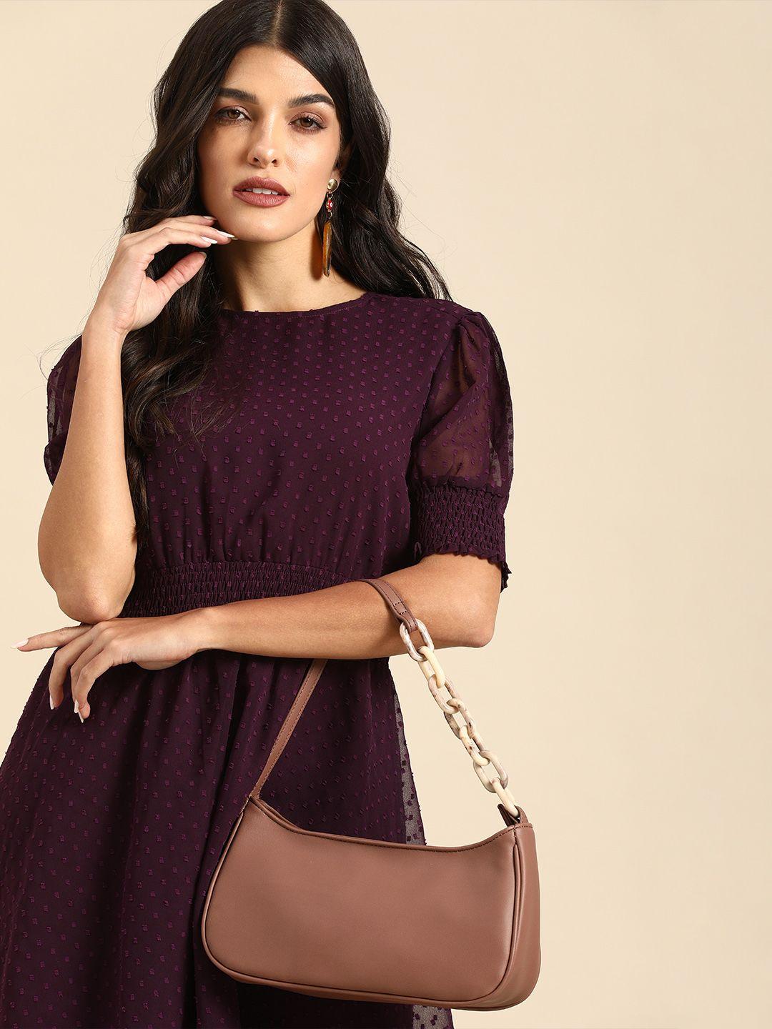 all about you women burgundy self design fit and flare dress