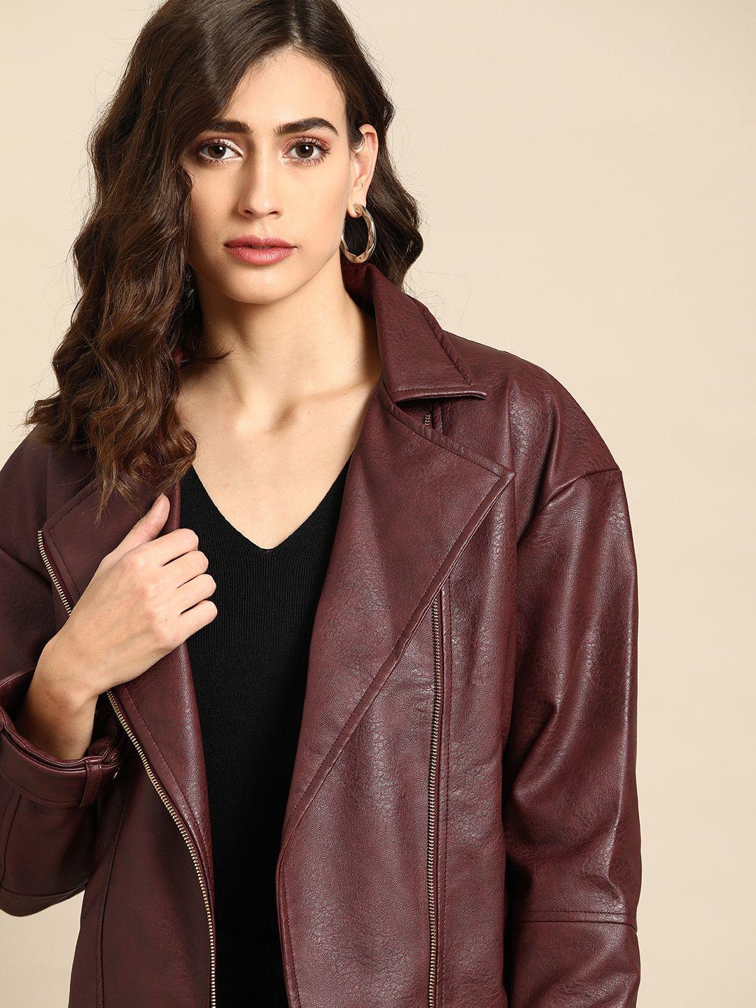 all about you women burgundy solid biker jacket