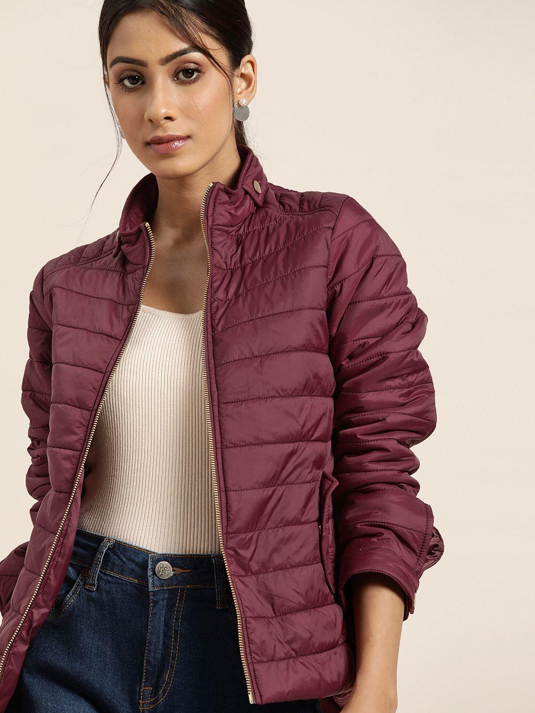 all about you women burgundy solid padded jacket