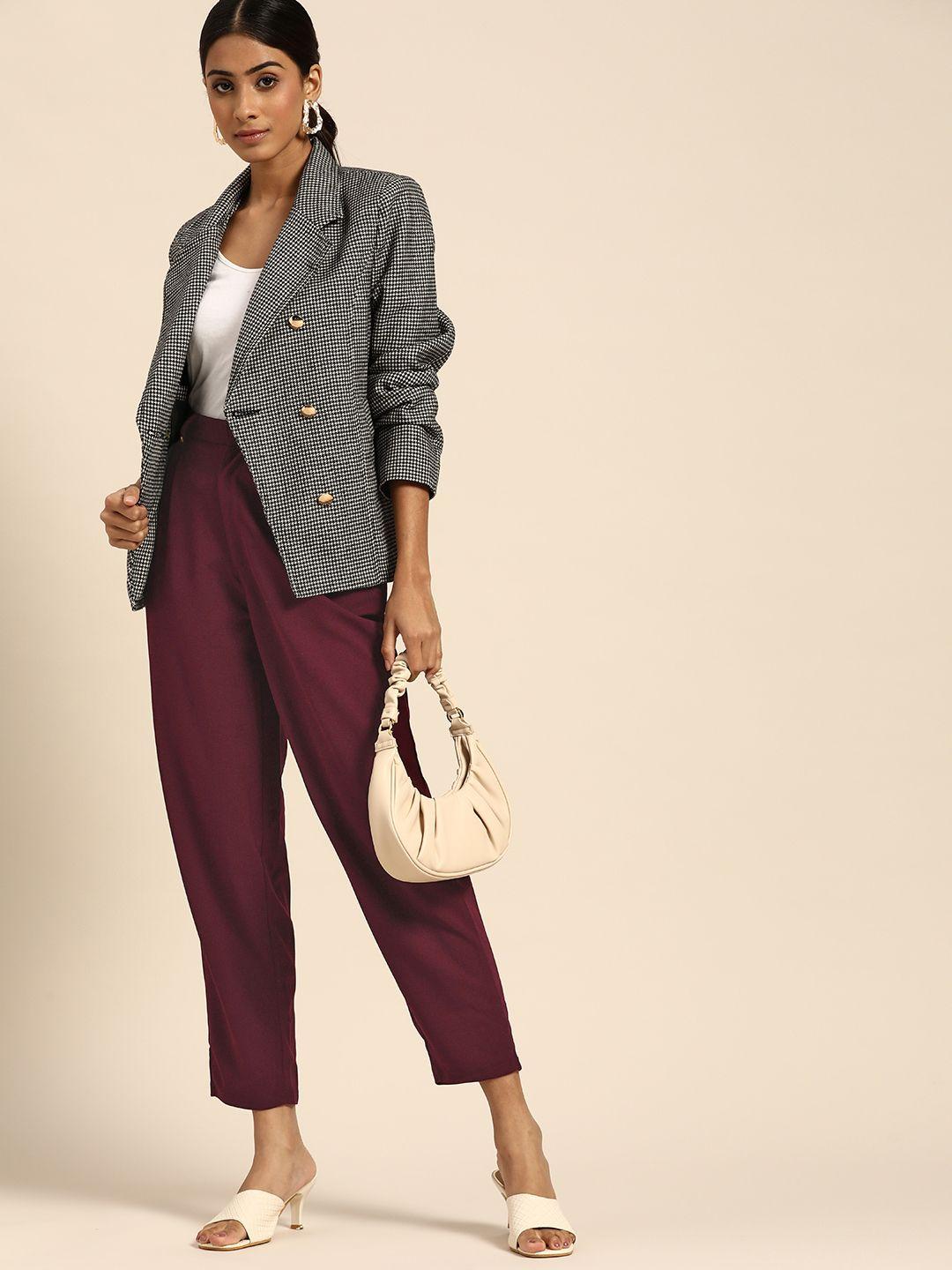 all about you women burgundy solid trousers
