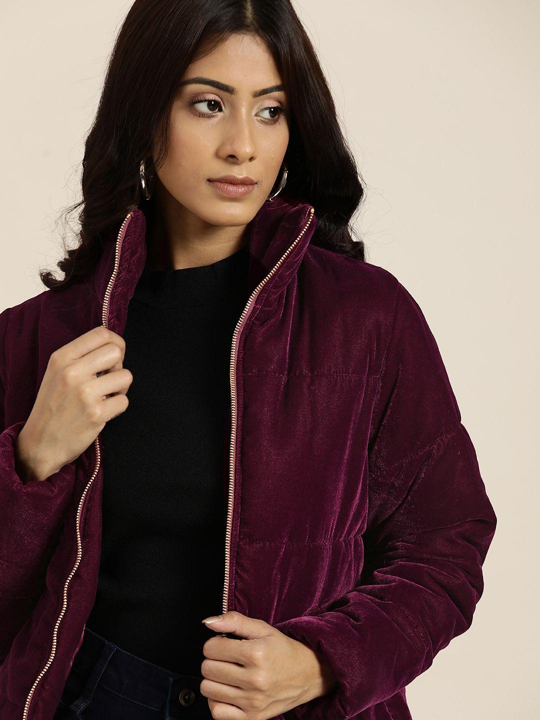 all about you women burgundy solid velvet jacket