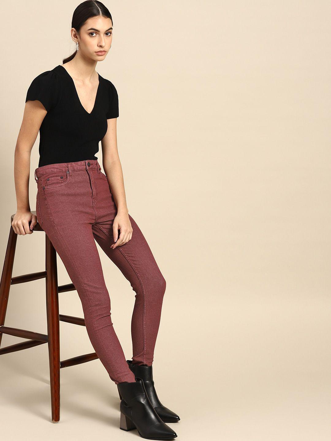 all about you women burgundy super skinny fit high-rise stretchable jeans