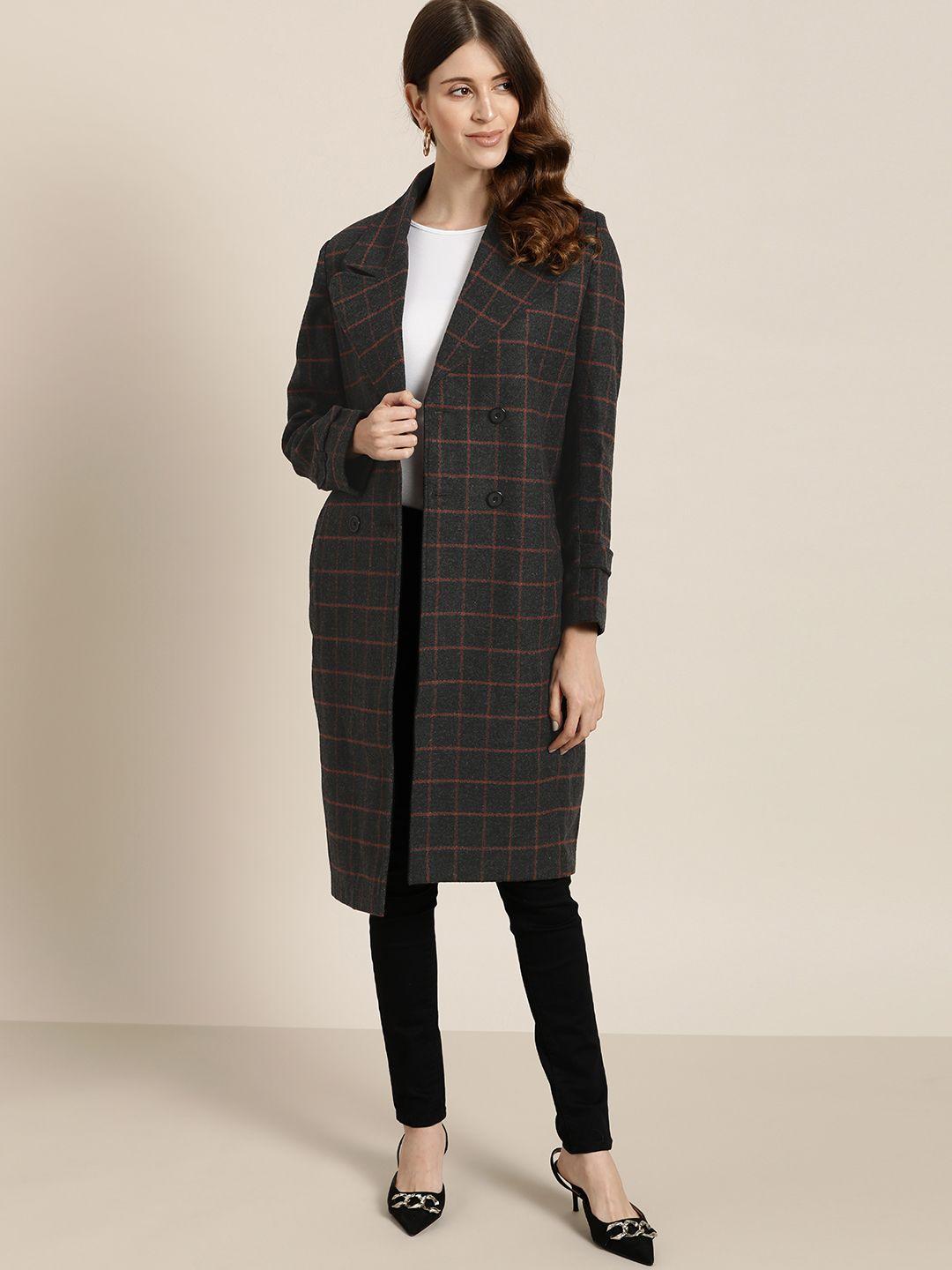 all about you women charcoal grey & red double-breasted checked longline overcoat