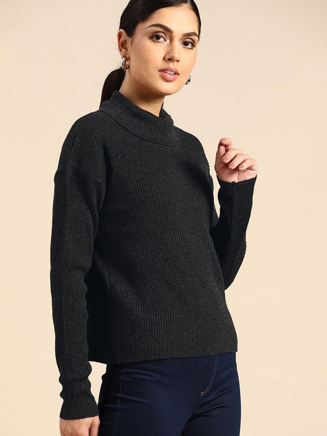 all about you women charcoal grey ribbed pullover