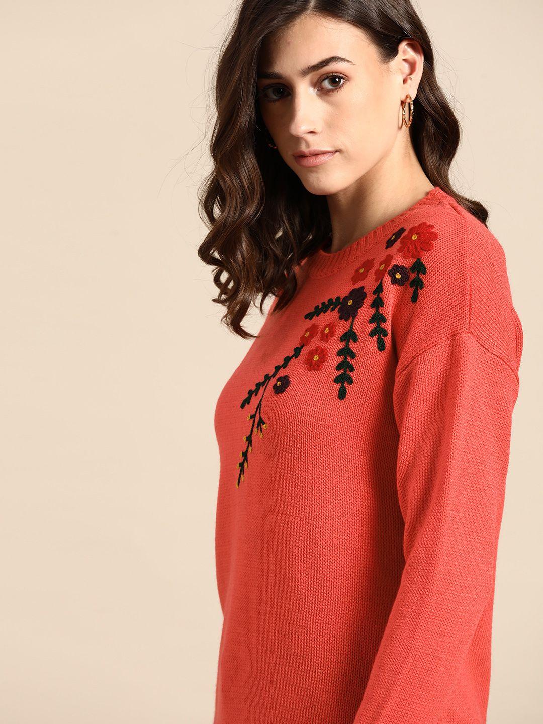 all about you women coral floral embroidered pullover