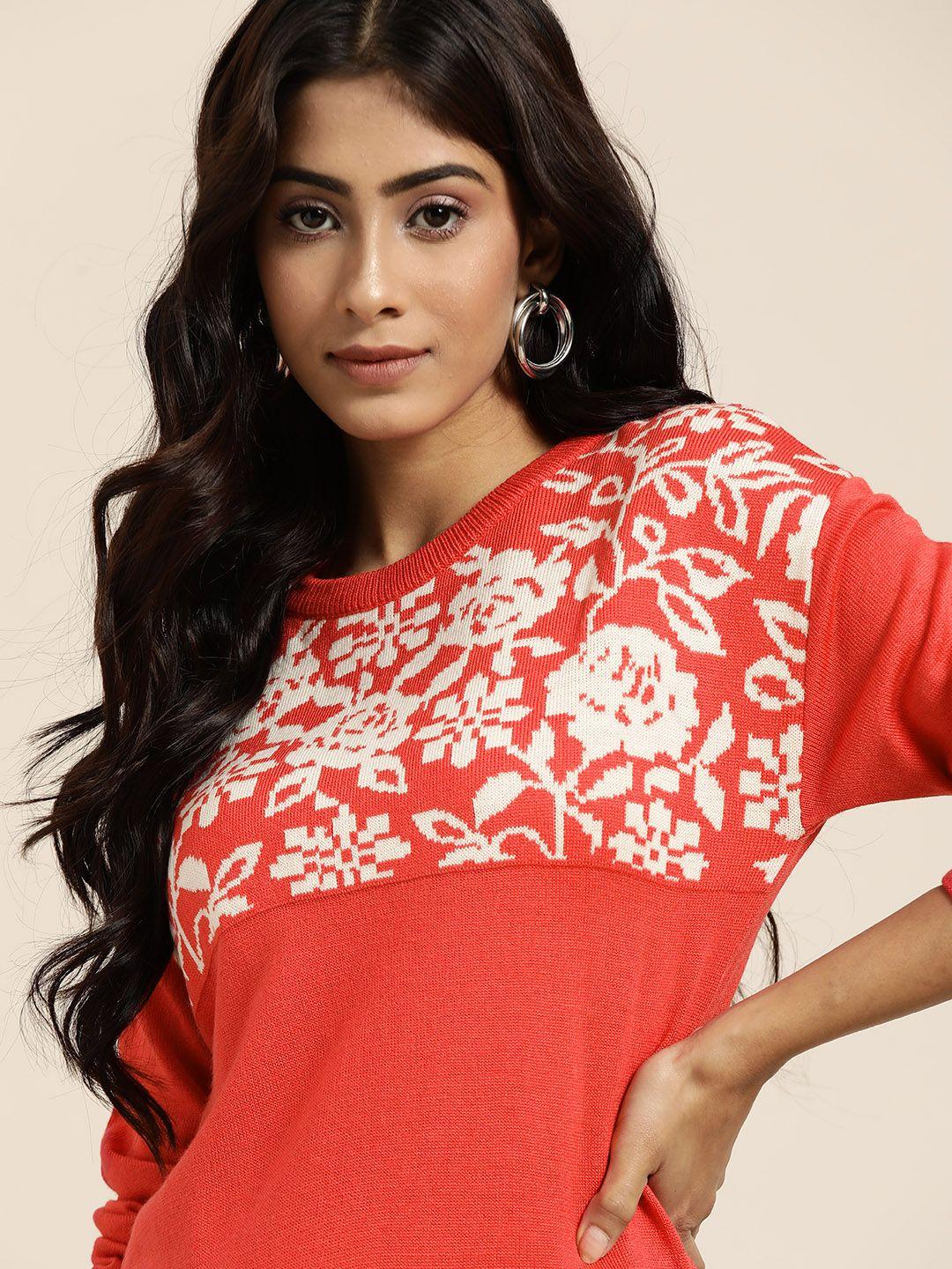 all about you women coral orange & off white ethnic motifs woven design pullover