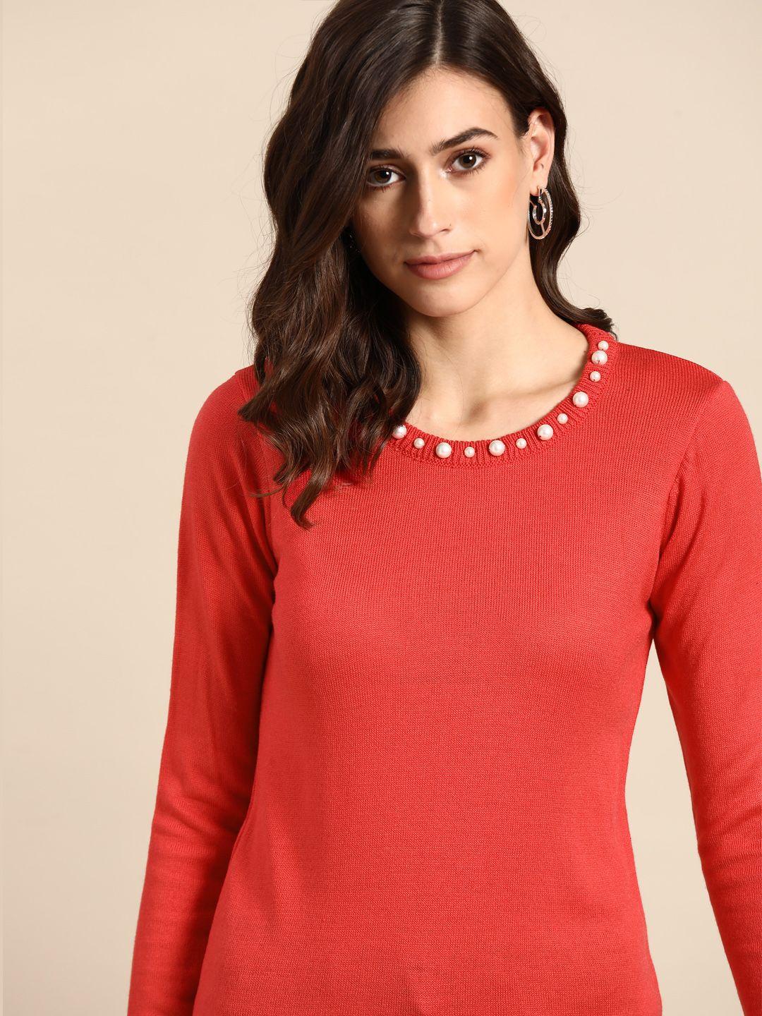 all about you women coral solid pullover with embellished detail