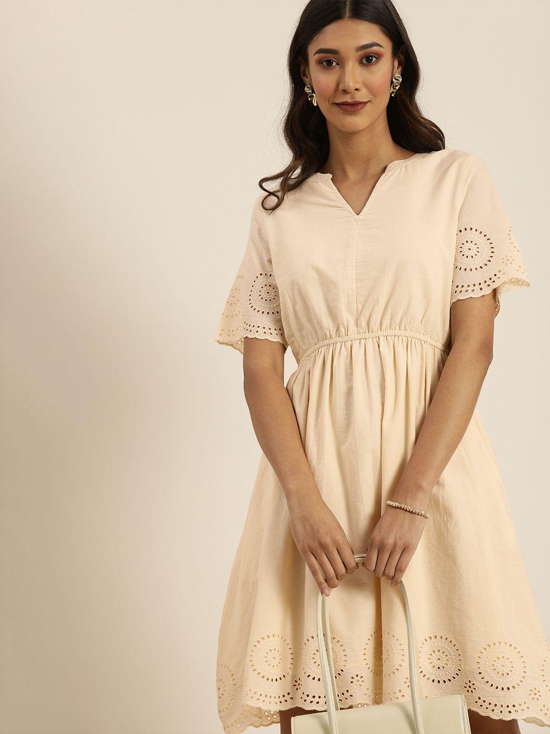 all about you women cream-coloured pure cotton solid a-line dress