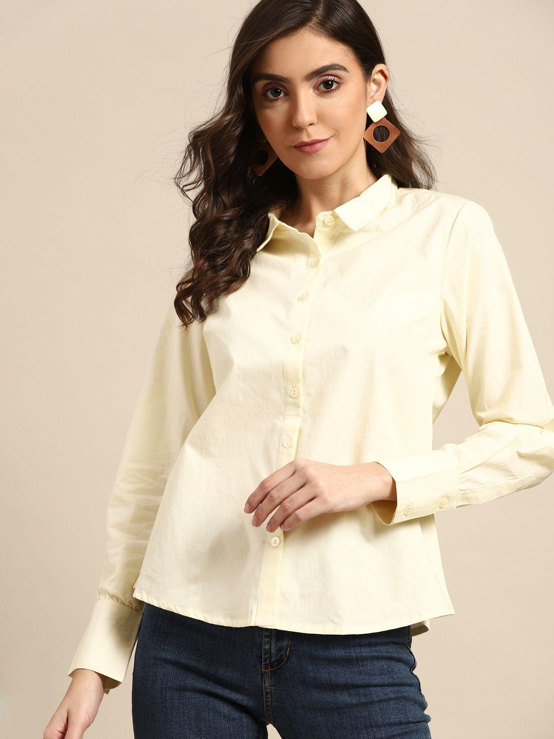 all about you women cream-coloured pure cotton solid casual shirt