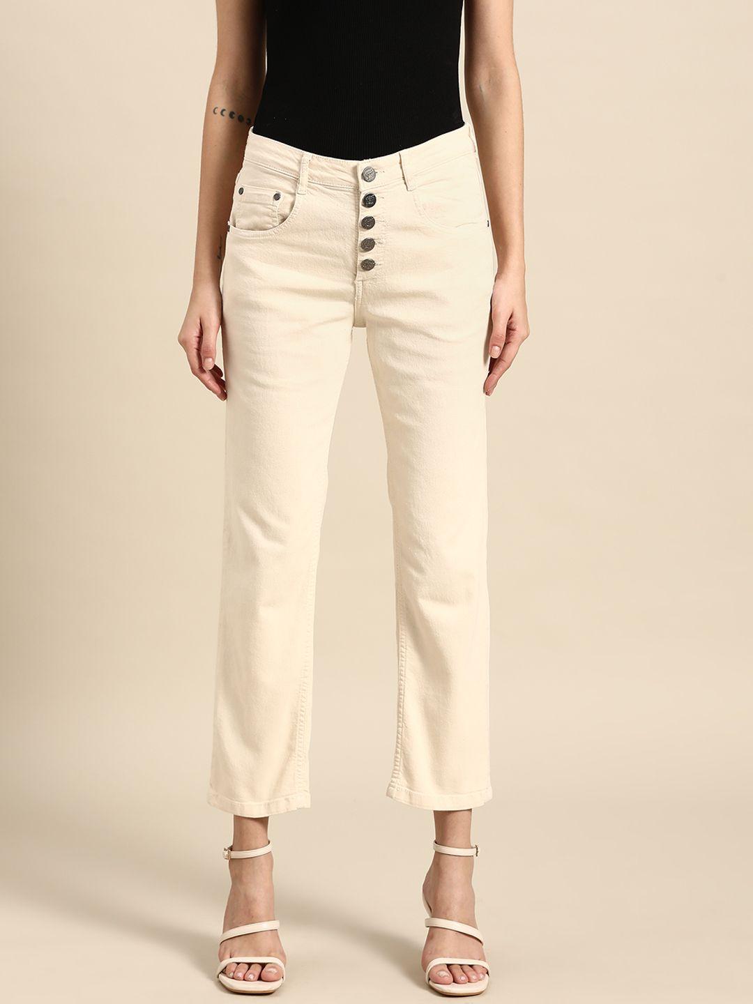 all about you women cream-coloured straight fit stretchable jeans