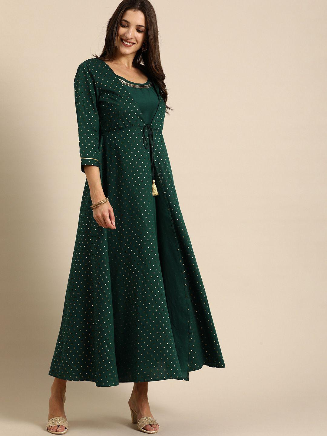 all about you women dark green solid sleeveless midi dress with printed shrug