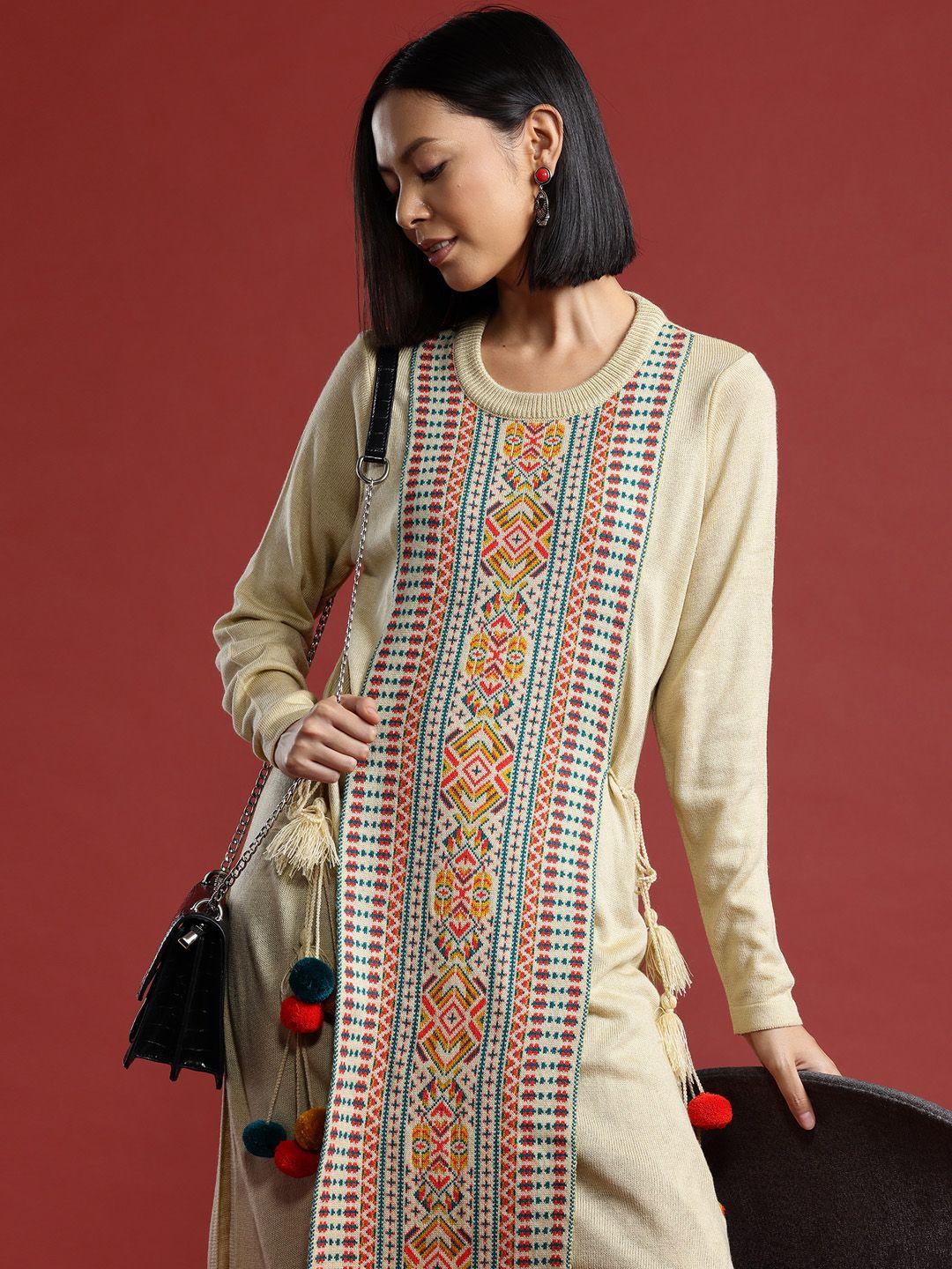 all about you women ethnic motifs layered pom-pom detail winter kurta