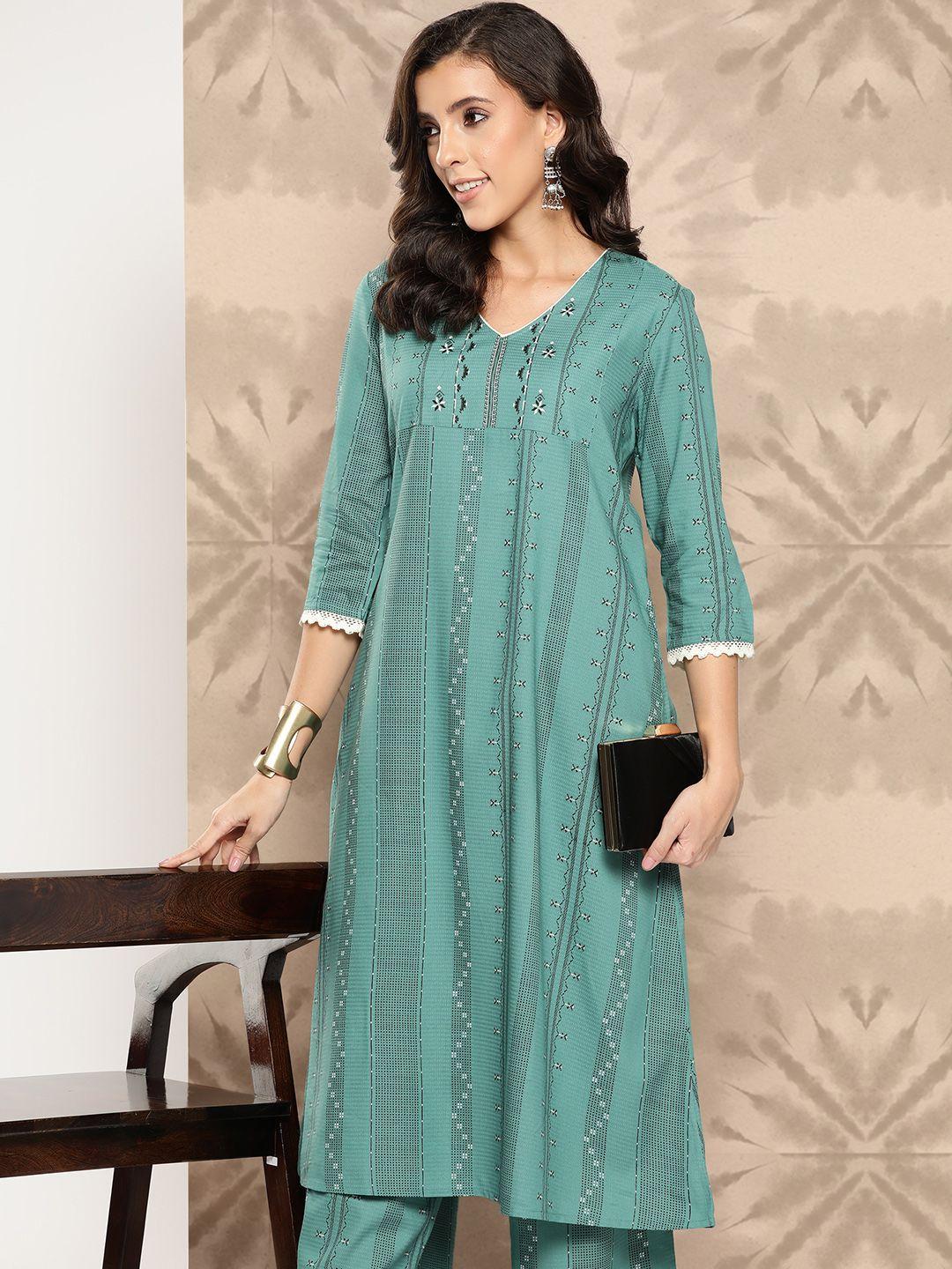 all about you women ethnic motifs printed a-line kurta with palazzos