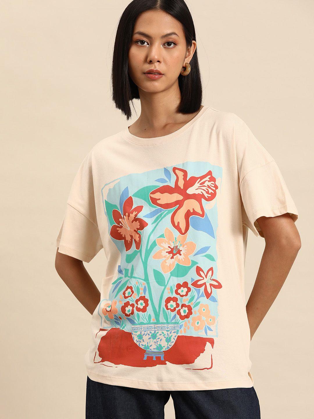 all about you women floral printed drop-shoulder sleeves pure cotton t-shirt