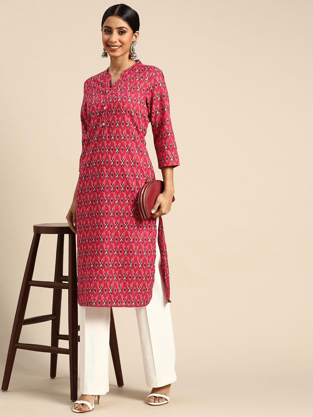 all about you women fuchsia & green printed pure cotton kurta