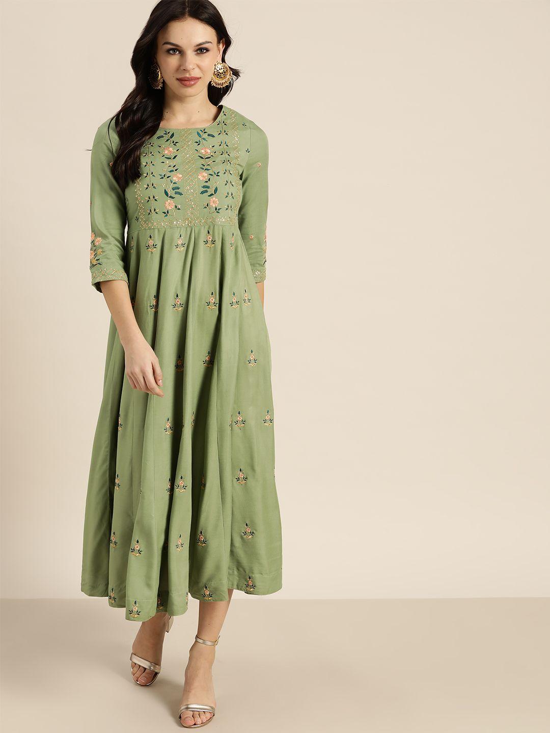 all about you women green & peach-coloured embroidered maxi dress