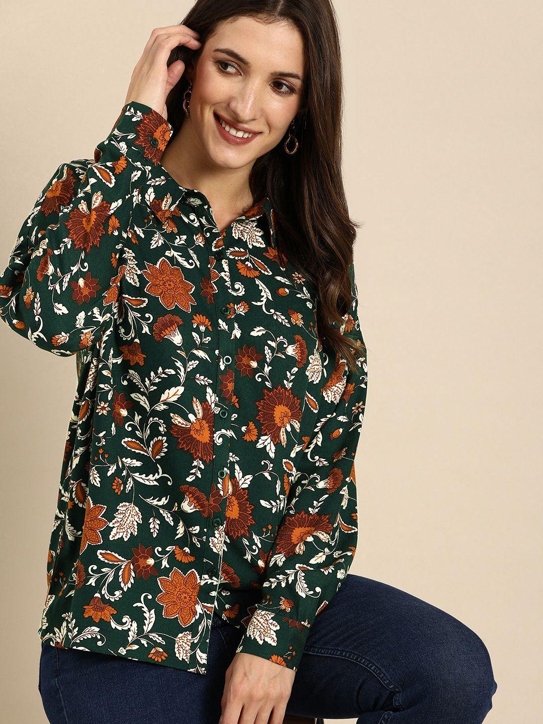 all about you women green & rust orange floral printed drop-shoulder sleeves casual shirt