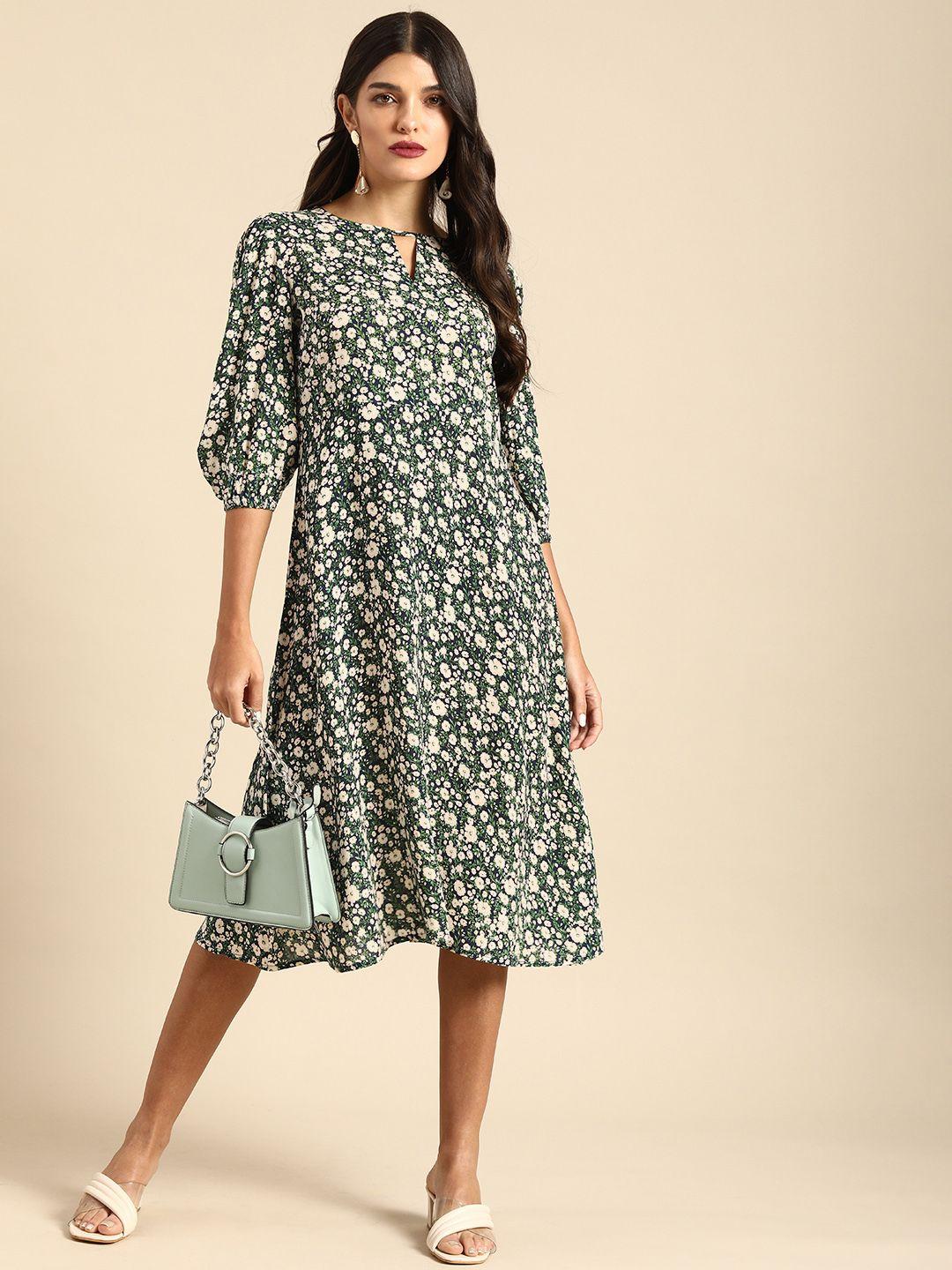 all about you women green & white floral printed keyhole neck a-line dress