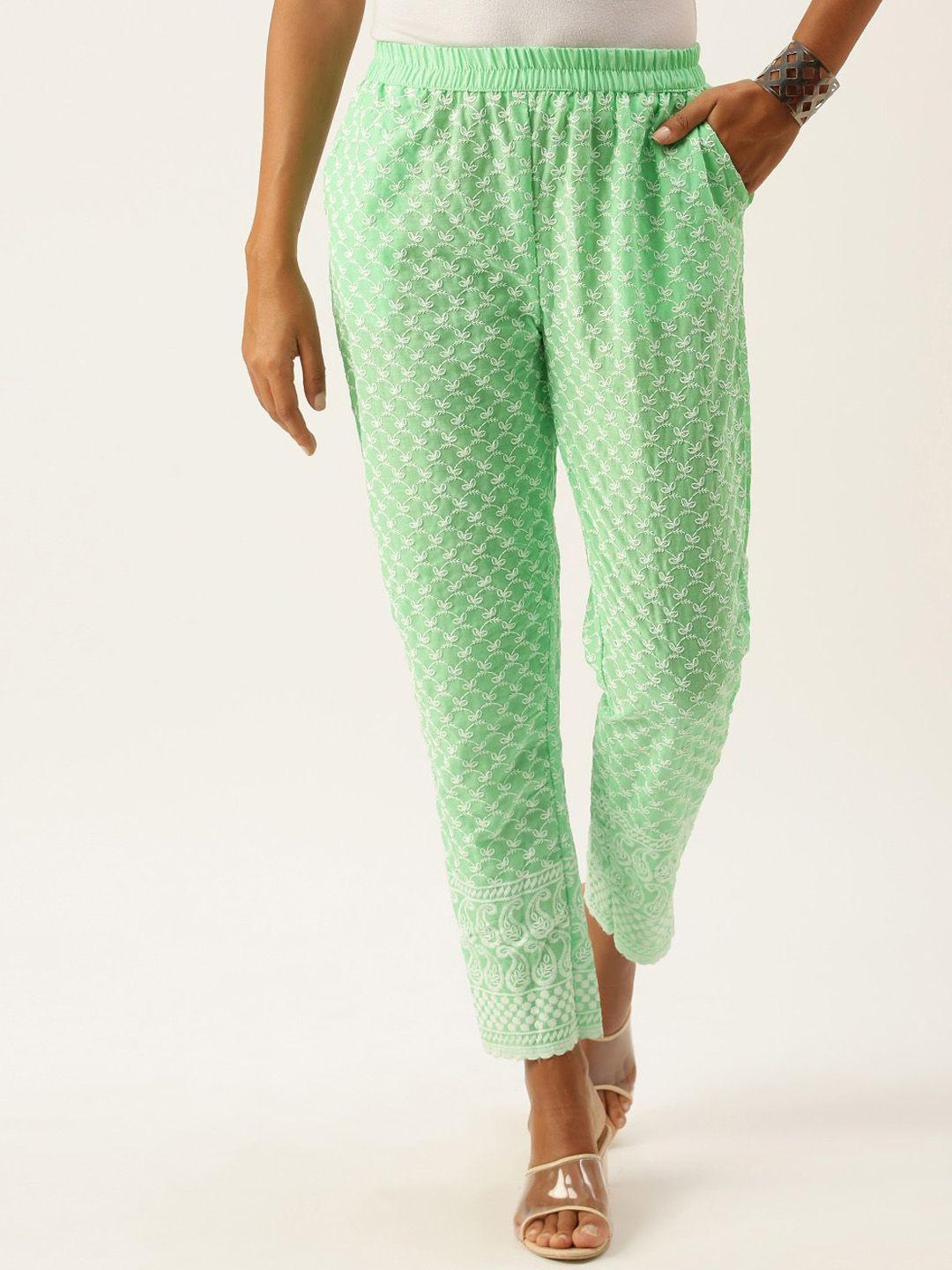 all about you women green ethnic motifs embroidered easy wash cotton trousers