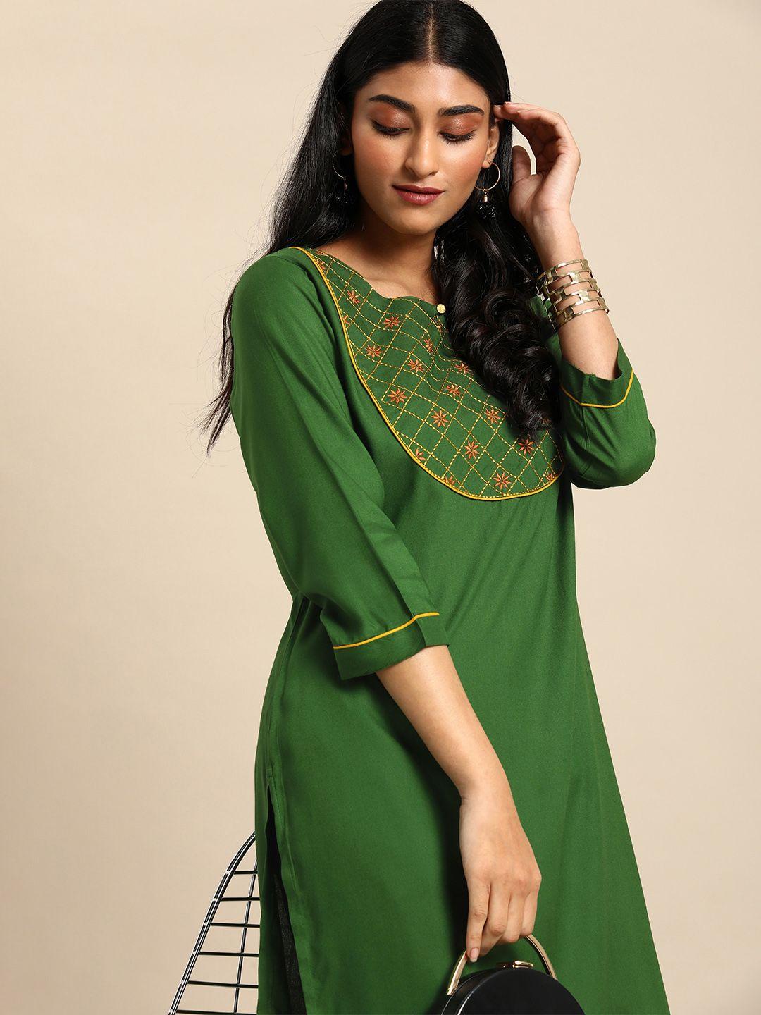 all about you women green ethnic motifs yoke design keyhole neck straight kurta