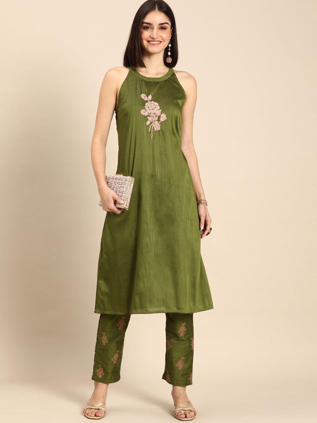 all about you women green floral print embroidered regular kurta with trousers