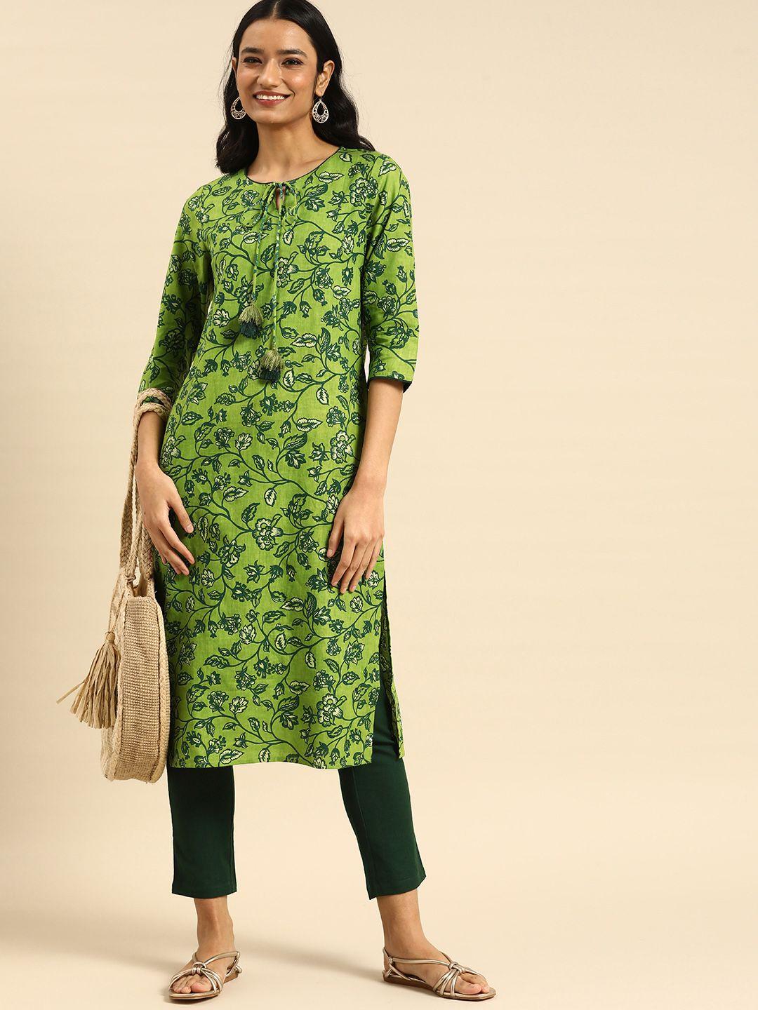 all about you women green floral printed pure cotton kurta with trousers