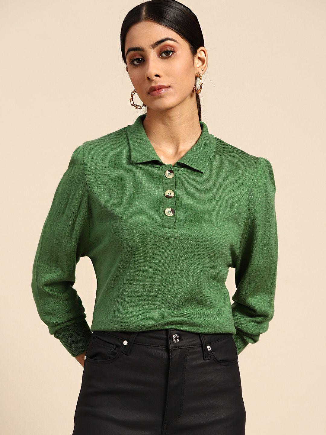all about you women green polo collar knitted pullover