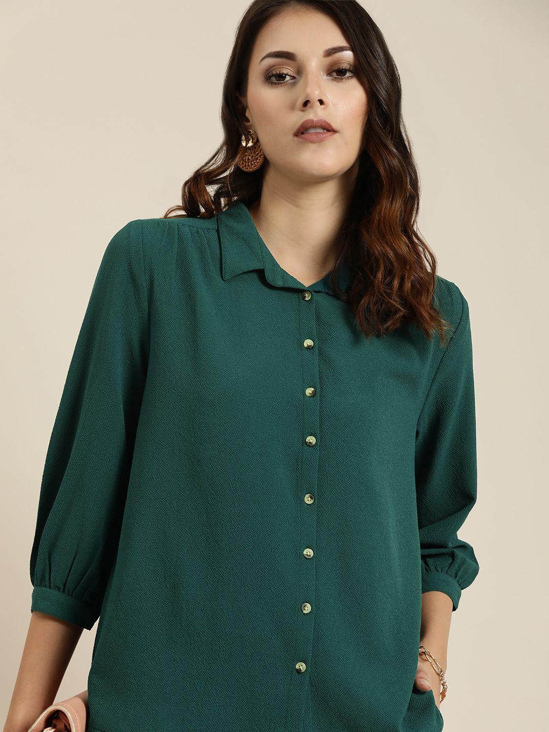 all about you women green regular fit solid casual shirt