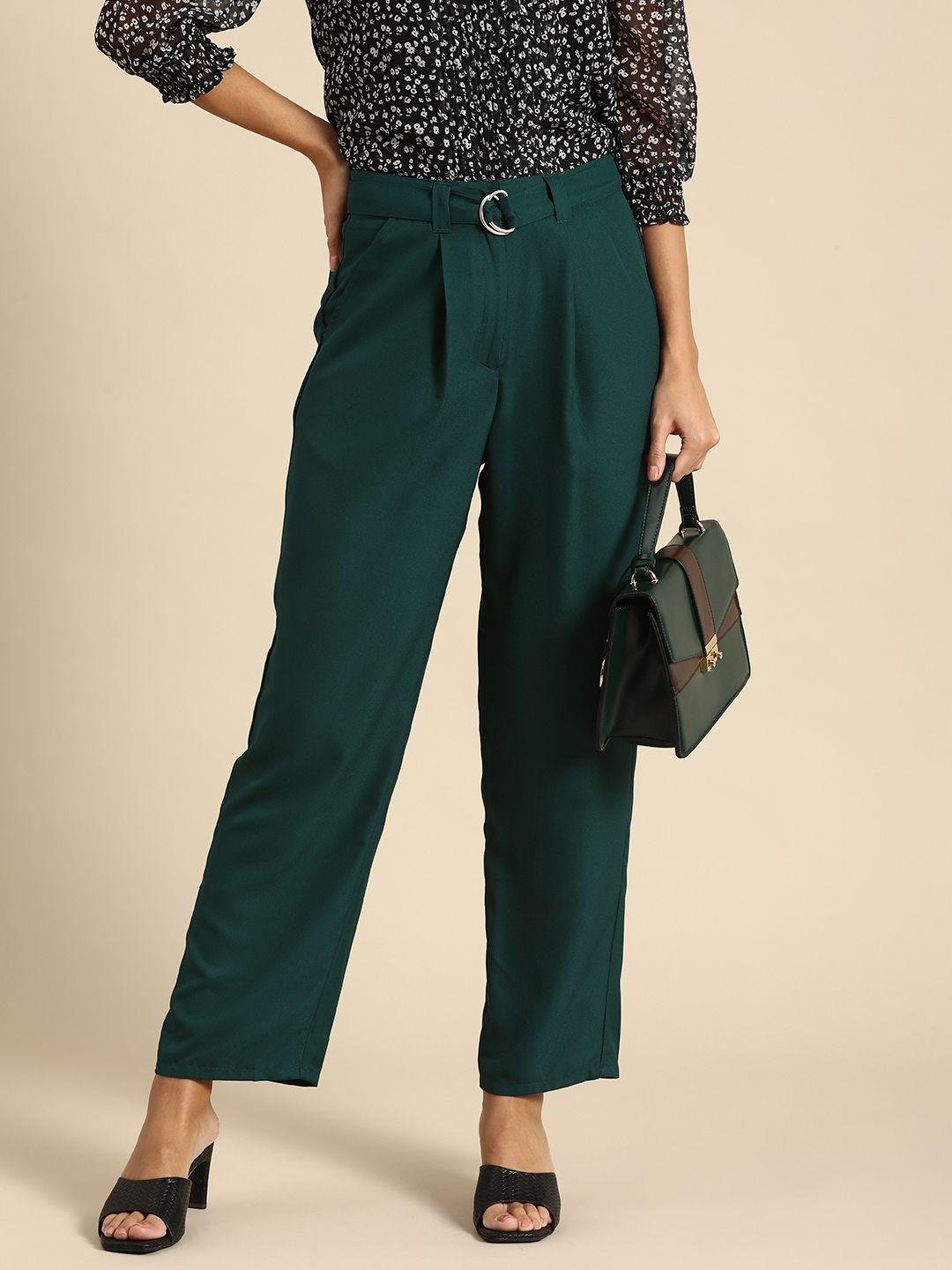 all about you women green solid  mid- rise pleated trousers